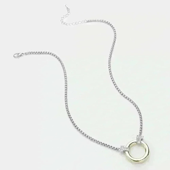Two Tone w/Pave Crystal Circle Pendant Necklace - Picture 1 of 5